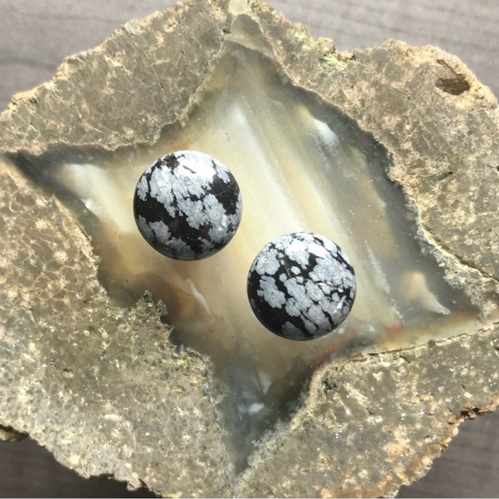 Genuine Snowflake Obsidian Gemstone Ear Plugs with Stainless Steel Screw-Back